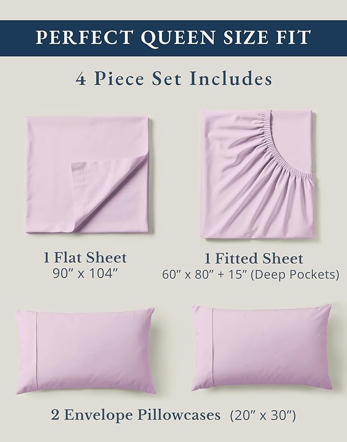 LANE LINEN 100% Organic Cotton Queen Sheets, Low Pill Fade Resistant Classic Percale Weave Bedsheets for Queen Size Bed, 15" Deep Pocket Sustainably Produced Mercerized Cotton Sheeting- Orchid Petal