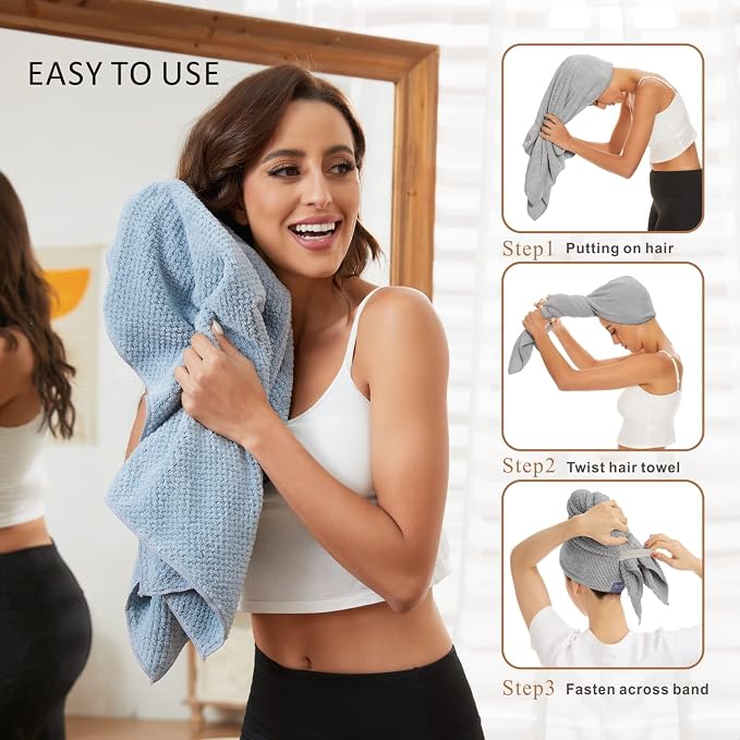 2 Pack Large Microfiber Hair Towel Wrap for Women, Anti Frizz Hair Drying Towel, Fast Dry Hair Turban for Wet Hair, Long, Thick, Curly Hair, Super Absorbent Soft Hair Towels (Blue & Gray)