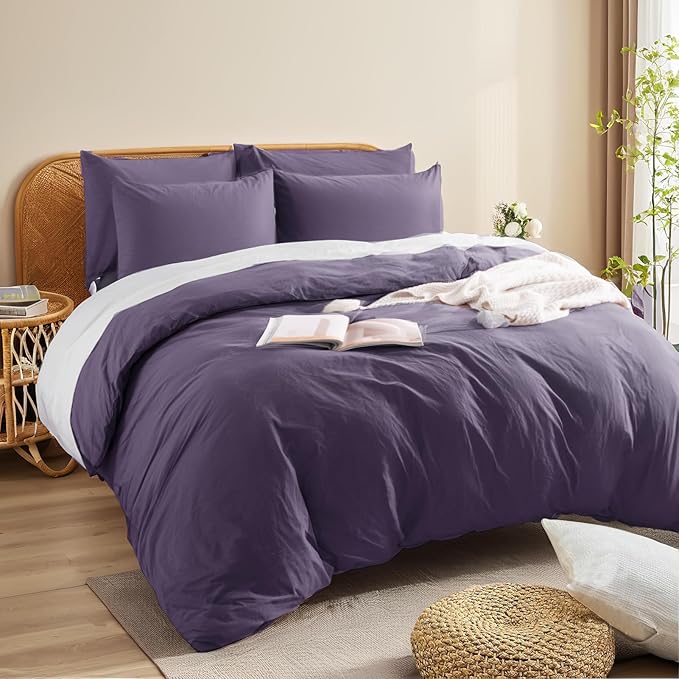 NEXHOME PRO 100% Washed Cotton Duvet Cover Twin Size, Ogranic Natural Linen Feel Breathable Bedding Set with Zipper Closure, 2 Pieces Duvet Cover Set Eggplant (No Comfortert) 6890