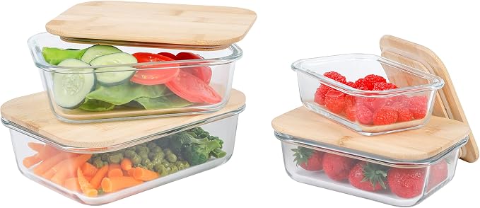 axentia Glass Food Storage Containers Set of 4 Transparent Wood