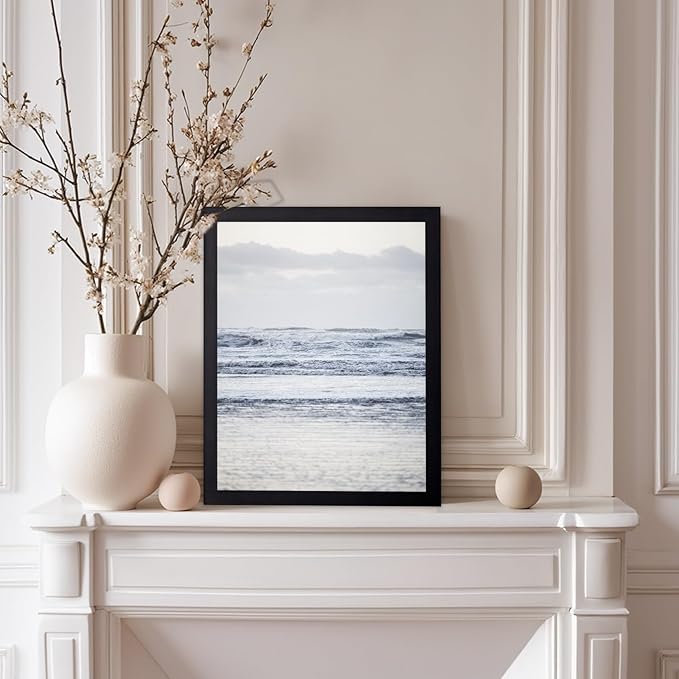 Monem Art Pastel Ocean Waves Seascape Photography Print - Minimalist Coastal Landscape Art Poster - Wall Decor for Living Room, Bedroom or Office - 12x16 Black Framed Wall Art by Mareike Bohmer