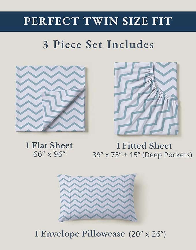 LANE LINEN 100% Organic Cotton Twin Size Bed Sheets, Fully Elasticized Mercerised Cotton Naturally Cooling Twin Bed Sheets Machine wash Ecor Friendly Prined Deep Pocket Sheets -Chevron
