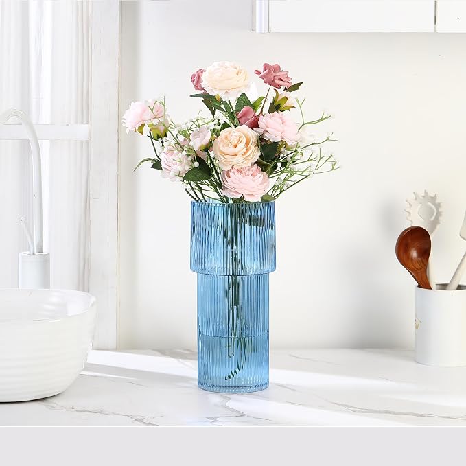 Large Glass Vase, 12 Inches Tall Vase for Flowers, Blue Flower Vases for Bouquet, Modern Blue Glass Vases for Living Room, Dining Table, Office, Entryway, Mantle, Shelf, Wedding Gifts