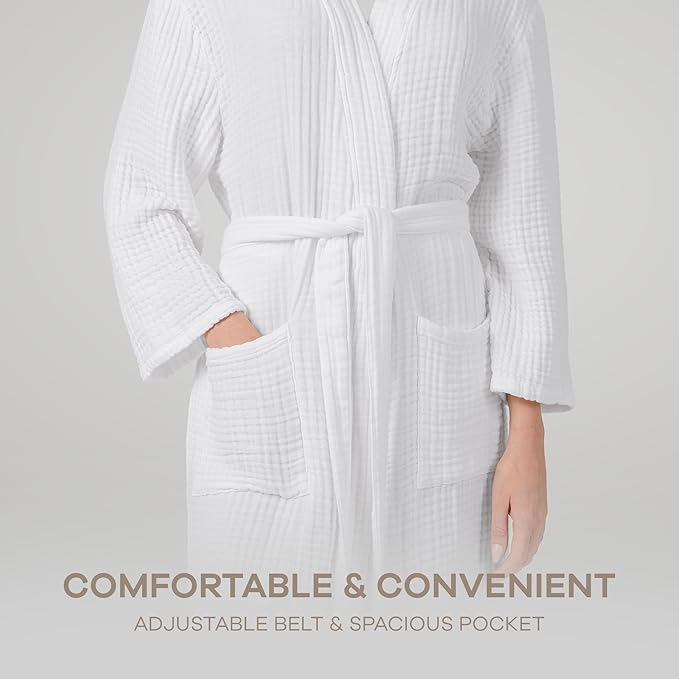 Comfy Cubs 100% Cotton Muslin Bathrobe - 4-Layer Absorbent Robe with Pockets & Belt for Bath, Spa, or Lounging