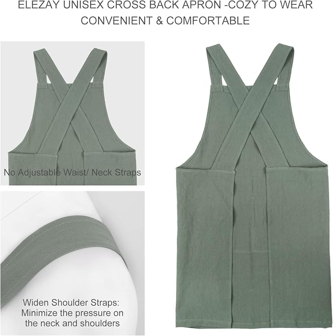 ELEZAY Aprons for Women with Pockets Plus Size Comfort Cross Back No Tie Cotton Linen Apron Pinafore