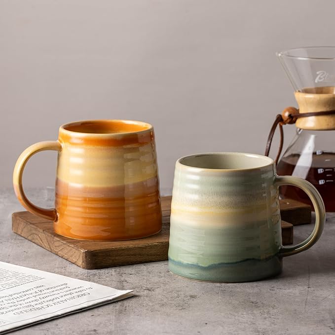 15.5 Oz Large Reactive Glaze Ceramic Mug, Heavy Weighted Stoneware Coffee Cup, Wide Base, Thick Wall Big Tea Cup with Custom Package Box, Microwave & Dishwasher Safe (Orange)