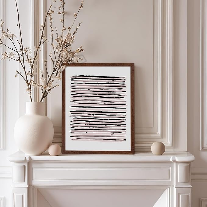 Monem Art Black and Blush Abstract Line Painting Print - Minimalist Scandinavian Art Poster - Wall Decor for Living Room, Bedroom or Office - 12x16 Brown Framed Wall Art by Mareike Bohmer