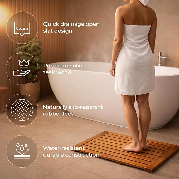 Teak Shower Mat – ChikiTeak Solid Wood Bath Mat for Outdoor Shower & Bathroom, Fast Draining, Non Slip, Premium Spa Mat, Durable Teak Bath Mat 25" x 16"