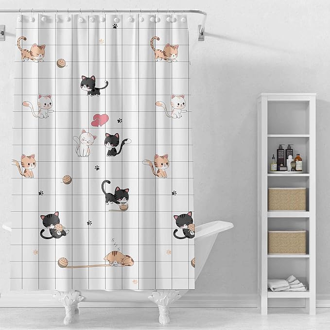 TIKABC Shower Curtain Liner, 4G PEVA Colorful Cat Shower Liner, Plastic Waterproof Shower Curtains, 72x72 inch with Grommet Holes 3 Magnetic Weights