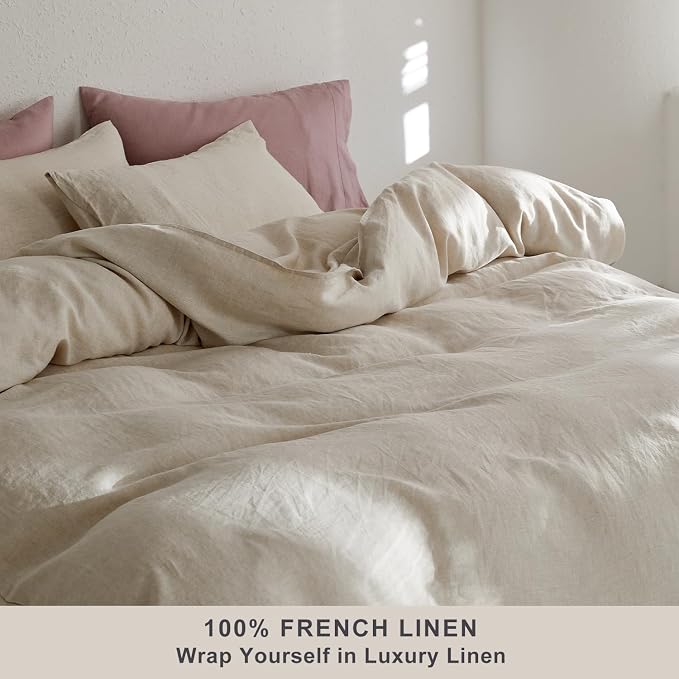 TOSMO 100% Linen Duvet Cover Set Queen, Pure French Flax Natural Linen Duvet Cover with Zipper Closure & Corner Ties, Cooling Breathable Comforter Cover 3 Piece (Linen)