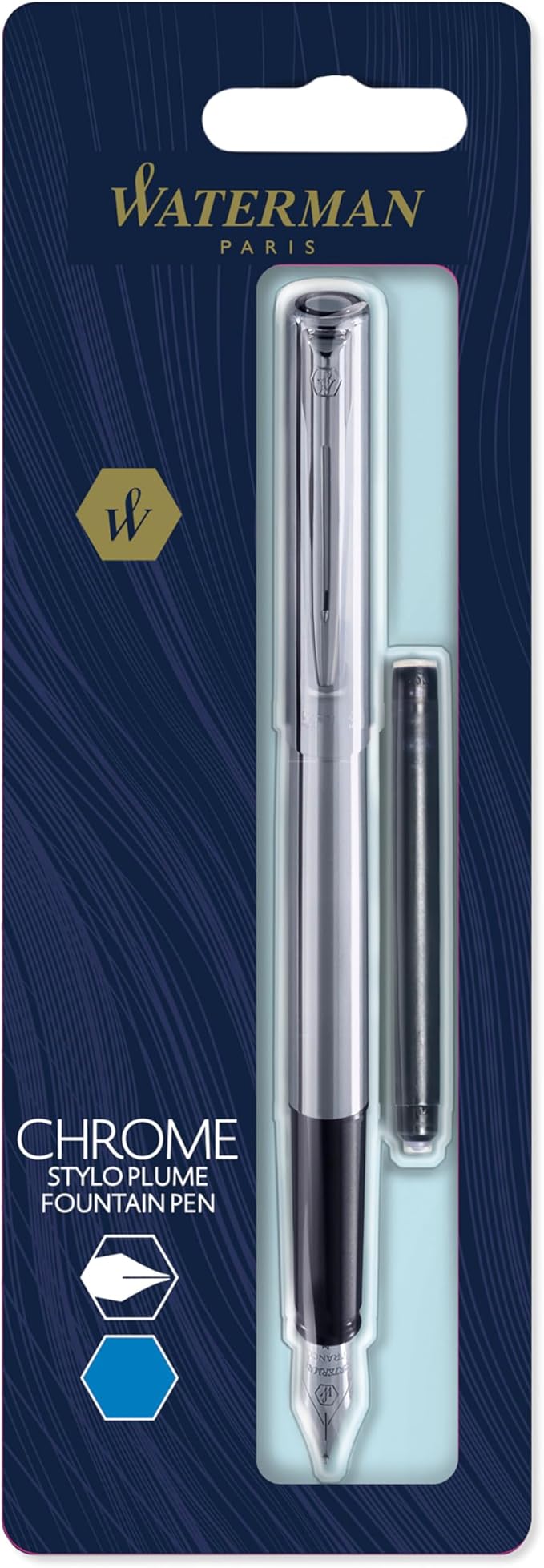 Waterman Allure Fountain Pen | Stainless Steel | Fine Nib | Blue Ink