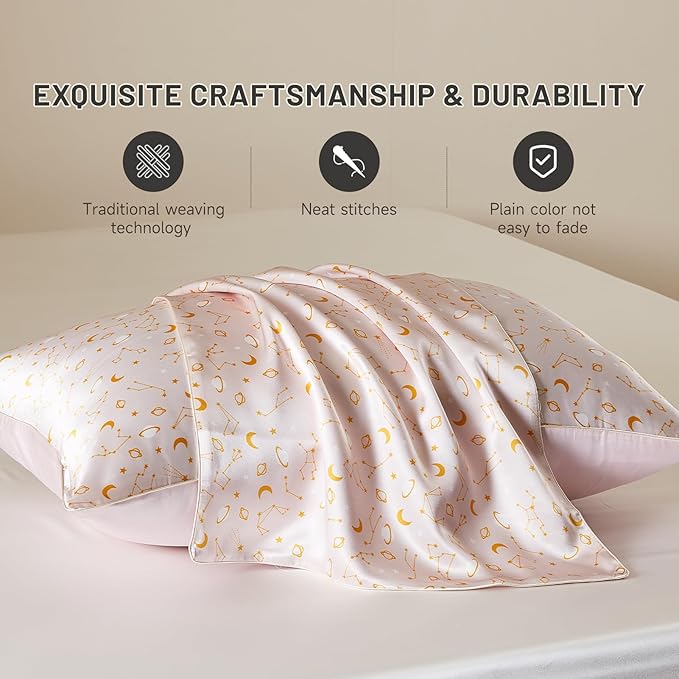 THXSILK Set of 2 Mulberry Silk Pillowcase for Hair and Skin, Mulberry Silk Pillow Case with Hidden Zipper, Soft Smooth Silk Pillowcase(Queen Size 20"x30", Peachy Beige Constellation Pattern)