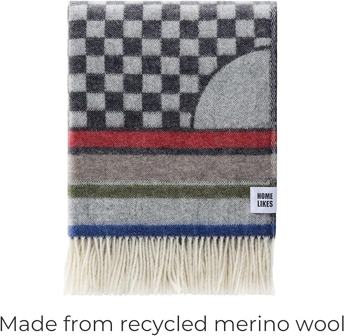 JJ Textile Geometric Throw New Wool & Recycled Merino Sheep Wool- Soft & Cosy with a Reversible Design - Sustainable Throw for Bed, Sofa & Home Decor - Large Blanket 190cm x 130cm.