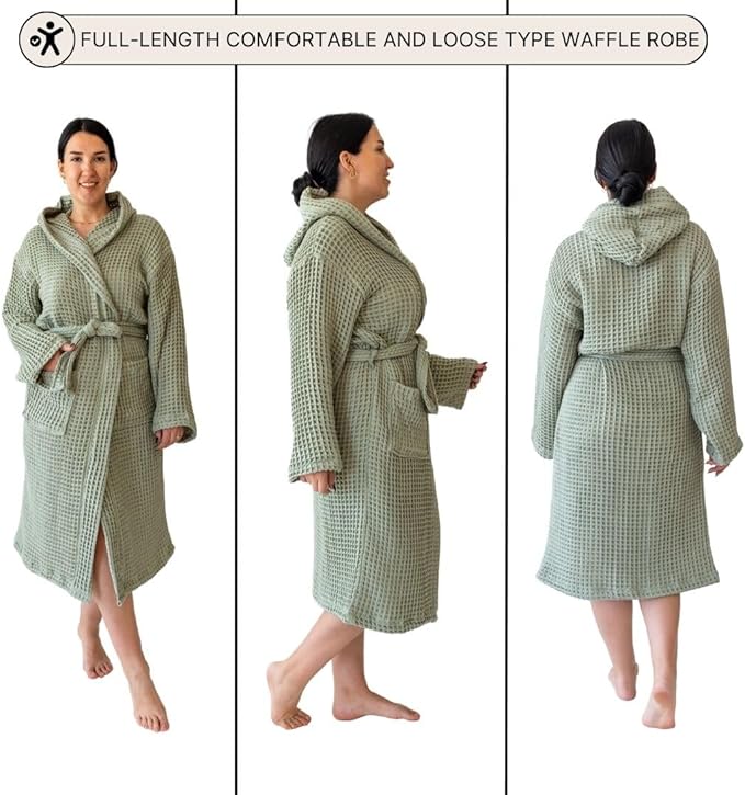 Unisex Hooded Waffle Robe for Women & Men 100% Turkish Cotton | Quick-Dry Bathrobe | Cozy Housecoat for Lounging