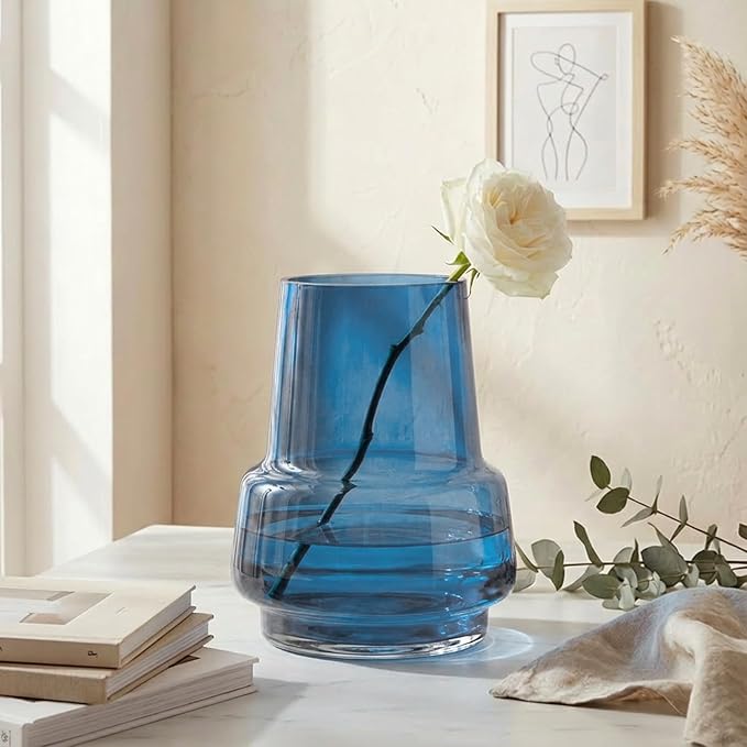 Relexome Blue Glass Flower Vase for Centerpieces Bouquet Flowers Modern Wide Mouth Glass Vase Decorative Bud Vases for Home Decor, Living Room, Kitchen, Dining Table, Entryway 7.3 Inch