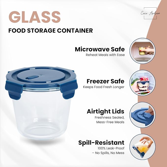 Coco Andrea Reusable Round Glass Meal Prep Containers With Lids (2 sets) - 25oz/ 3 Cup Glass Storage Containers With Lids - Airtight Microwave Safe Lunch & Soup Containers Glass - Ideal for Meal Prep