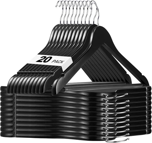 HOUSE DAY Black Wooden Hangers 20 Pack, Solid Wood Hanger with Non Slip Pant Bar, Heavy Duty Wooden Coat Hanger for Closet, Smooth Finish Wood Clothes Hangers for Shirts, Suits, Jackets, Dress