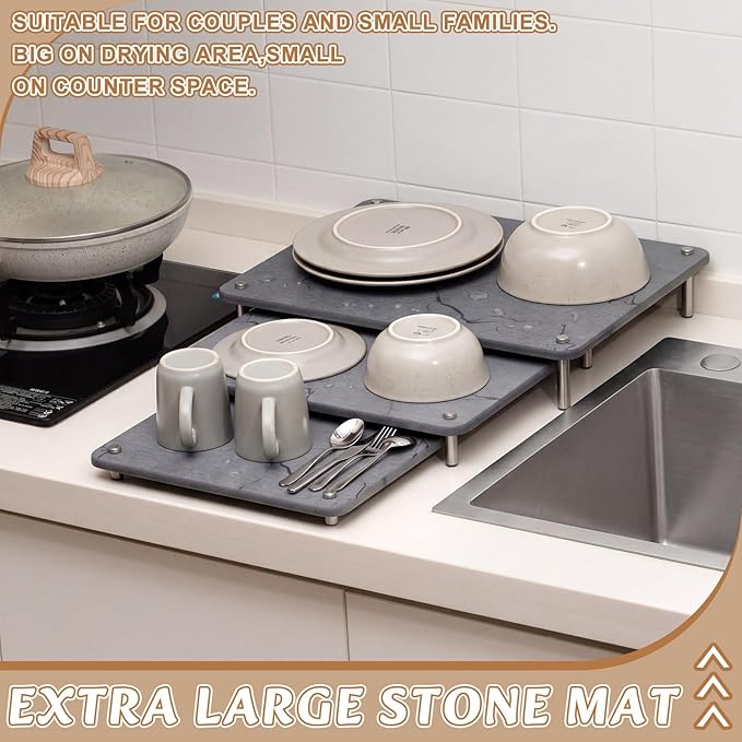 3 Pcs Nesting Stone Drying Mat for Kitchen Counter, Diatomaceous Dish Stone Drying Mats Quick for Kitchen Counter, Non Slip Feet, Heat Resistant, Nesting Stackable Design(Marble,Grey)