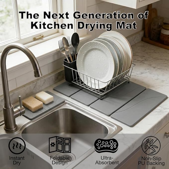 23.6"×15.7" Diatomaceous Earth Stone Dish Drying Mat, Foldable Super Absorbent Quick Dry Non-Slip Eco-Friendly Pad for Kitchen Counter, Dishes, Cups, Bottles & Utensils, Light Gray