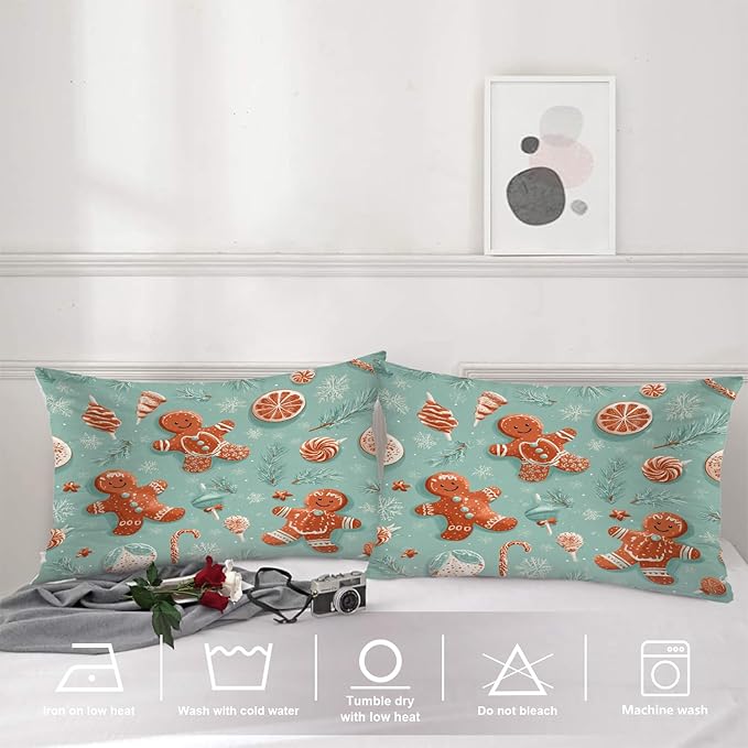 Shrahala Gingerbread Christmas Candy Pillowcases, Retro Christmas Candy Pattern Lumbar Pillow Cover Decorative Blended Double-Sided No Inserts for Bedroom Sofa Living Room Set of 2 (26 x 20 in)