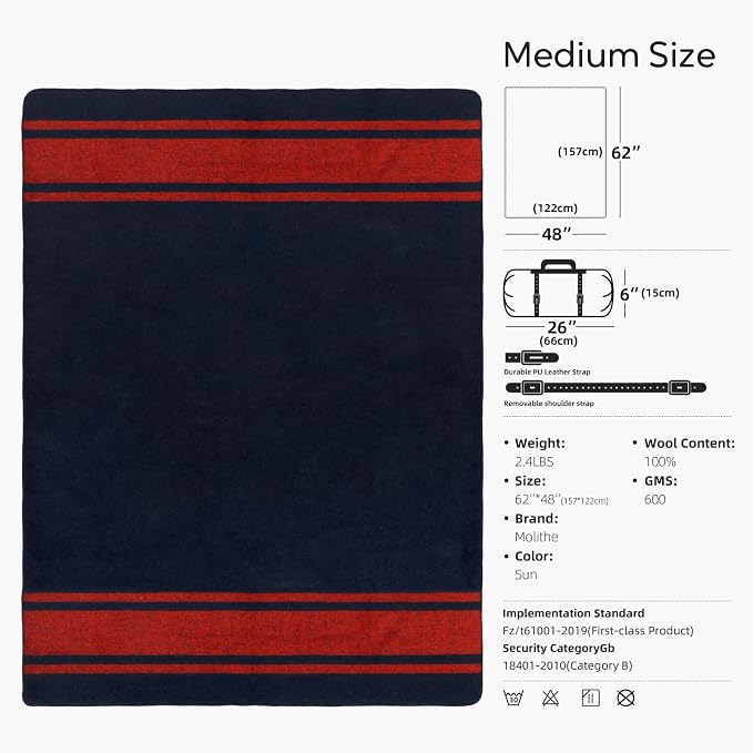 Molithe 100% Wool Blanket, 62" x 48", Warm, Thick, Washable, Military | Great for Camping, Outdoors, Sporting Events, Survival KitsBlue and Red