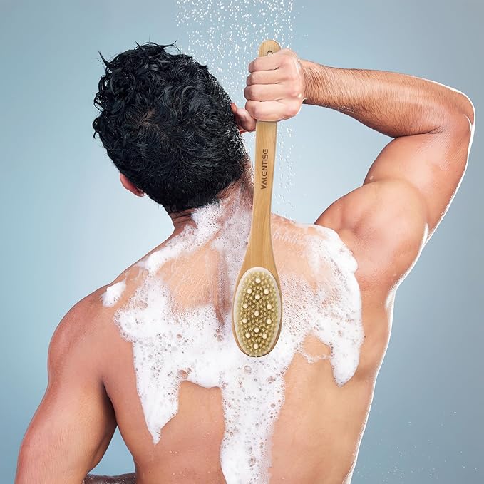 Back Scrubber for Shower, Shower Brush Long Handle with Boar Bristle and Massage Nodes, Exfoliating Body Scrubber for Lymphatic Drainage, Cellulite & Blood Circulation