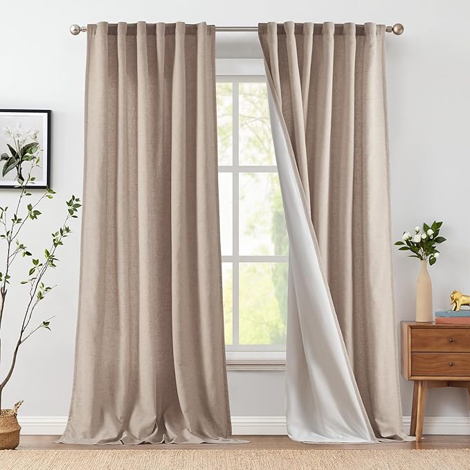 jinchan Extra Wide Sliding Door Curtain 96 Inch Length with White Privacy Lining Taupe Linen Lined Curtains for Patio Door Living Room Bedroom Light Filtering Drapes 100 Inches Wide 1 Panel
