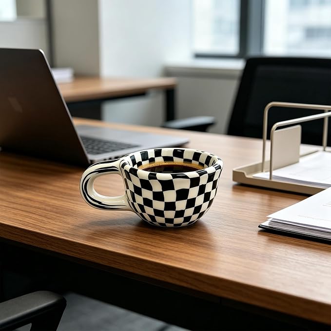 Ceramic Coffee Mug 5.7Oz Small Checkered Coffee Cups Alpine Pattern Hot Chocolate Cup Handmade Checkerboard Latte Mug Aesthetic Gift for Coffee Lovers Microwave Safe,Black checkered