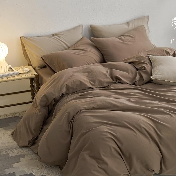 MooMee Full Duvet Cover Set, 100% Washed Cotton Linen Like Twill Thick Sturdy Material Super Soft Breathable Durable Bedding for All Season, 3 Pieces (Bombay Brown, Full 80"x90")