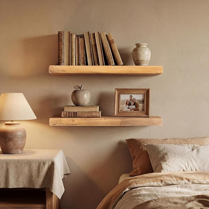 24" Live Edge Floating Shelves, Solid Elm Wood Wall Shelf Set of 2 | 1.4" Extra Thick, 9.3" Deep Heavy Duty Storage, Artisan Natural Finish, Ideal for Kitchen, Coffee Bar & Living Room