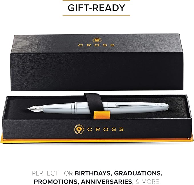 Cross ATX Pure Chrome Stainless Steel Fine Nib Fountain Pen - Refillable Pen for Smooth Writing - Black Ink - Comfortable Grip - Long-Lasting - Professional Office Supplies