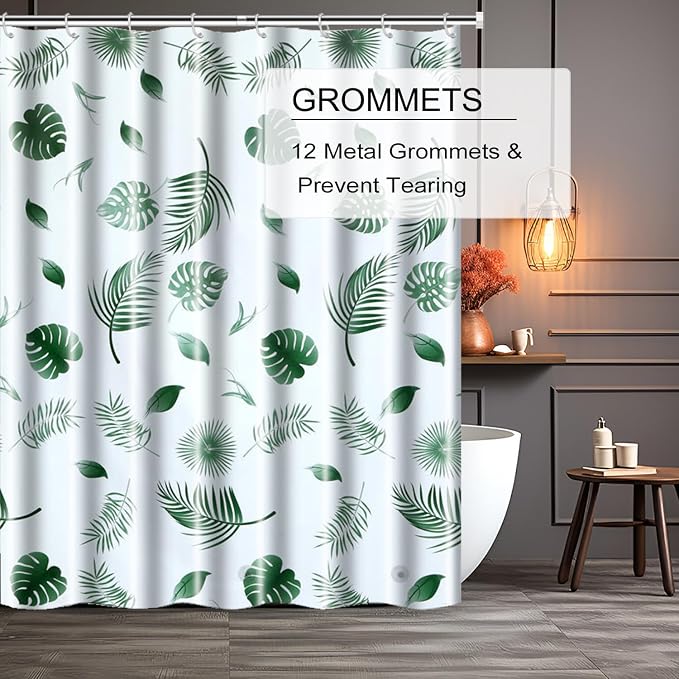 TIKABC Shower Curtain Liner, 4G PEVA Shower Liner, Plastic Waterproof Shower Curtains, with Grommet Holes and 3 Magnetic Weights(Green Leaf)