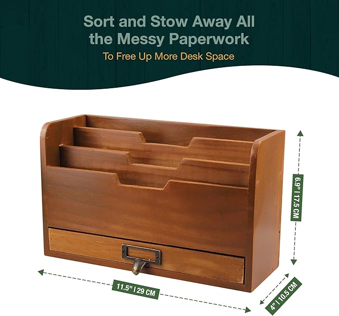 Rustic Wooden Desk Organizer - Vertical File Sorter with 3 Compartments & 1 Paper Tray Drawer - Mahogany Wood