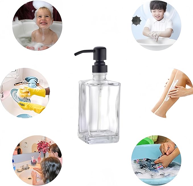 13.5 Oz Clear Glass Soap Dispenser with Matte Black Rust-Proof Stainless Steel Pump - Refillable Hand/Dish Soap Dispenser for Bathroom Countertop & Premium Kitchen