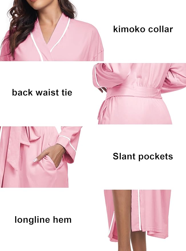 COLORFULLEAF 100% Cotton Women's Robes Summer Lightweight Kimono Soft Long Cotton Bathrobe for Women with Pockets