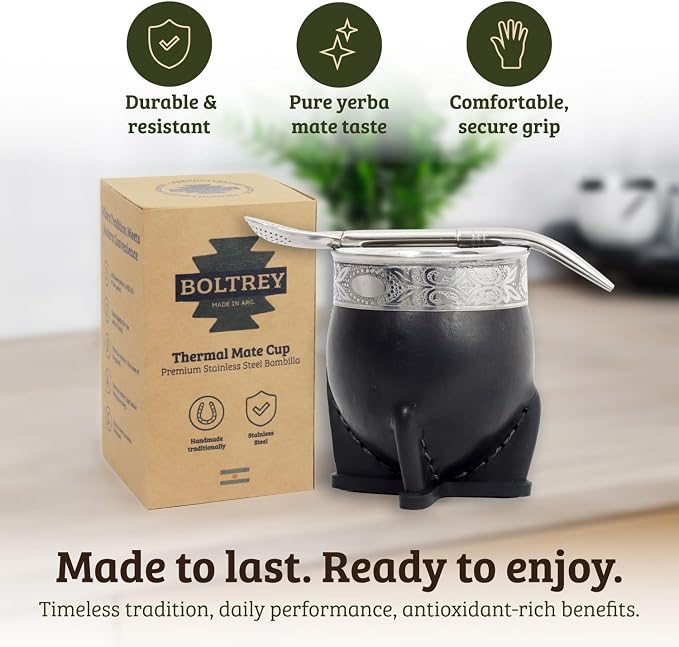 Mate Imperial – Yerba Mate Cup and Bombilla Set | Handmade Argentina Mate Gourd | Stainless Steel Mate Mug for Tea Lovers | Unique Cultural Gift (MIRROR, BLACK)