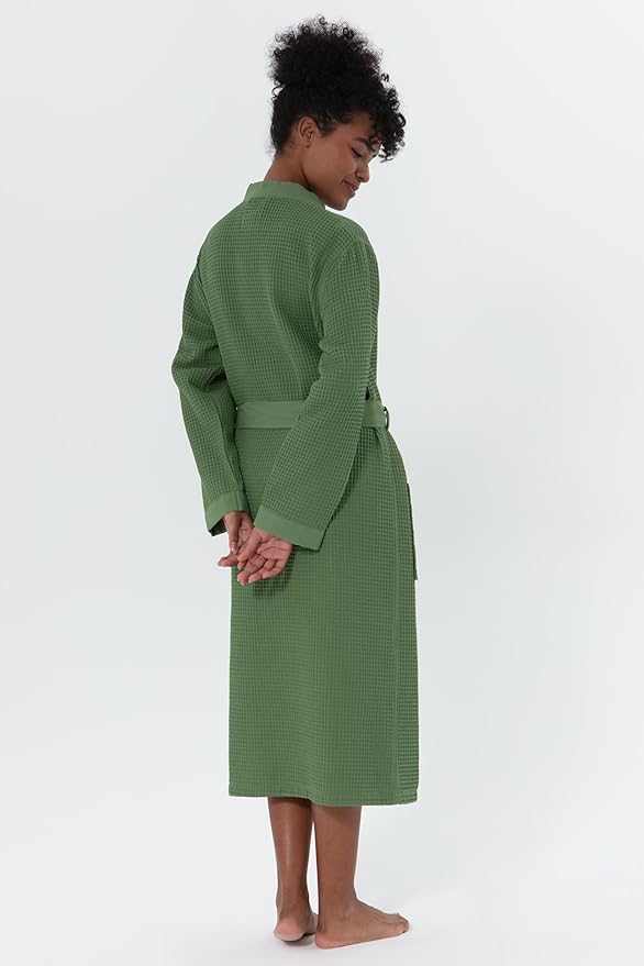SEYANTE Women's Organic Cotton Waffle Kimono, Hooded Robe – GOTS Certified Lightweight Full-Length Spa Bathrobe with Piping
