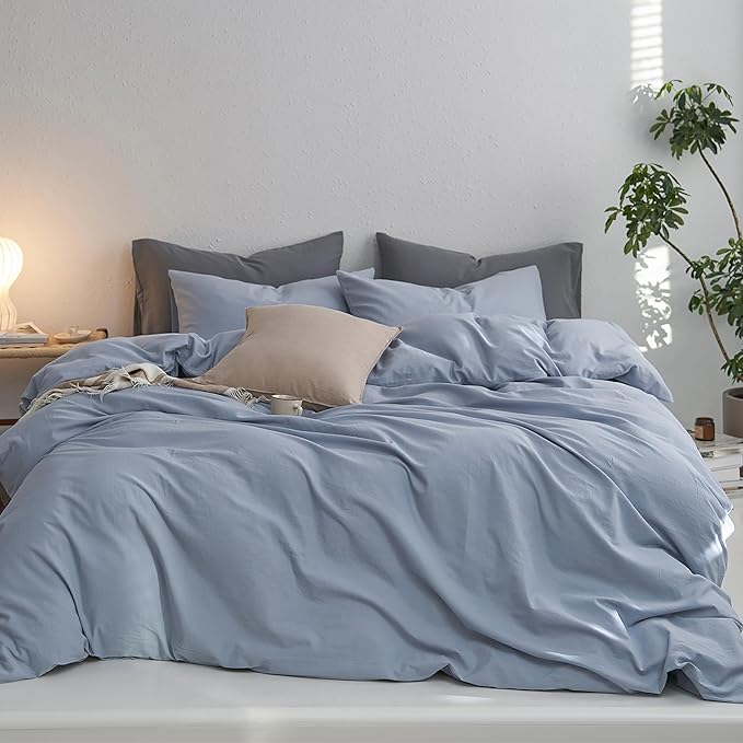 MooMee Bedding Duvet Cover Set 100% Washed Cotton Linen Twill Thick Sturdy Material Super Soft Breathable Durable for All Season 3 Pieces (Cornflower Blue, King)