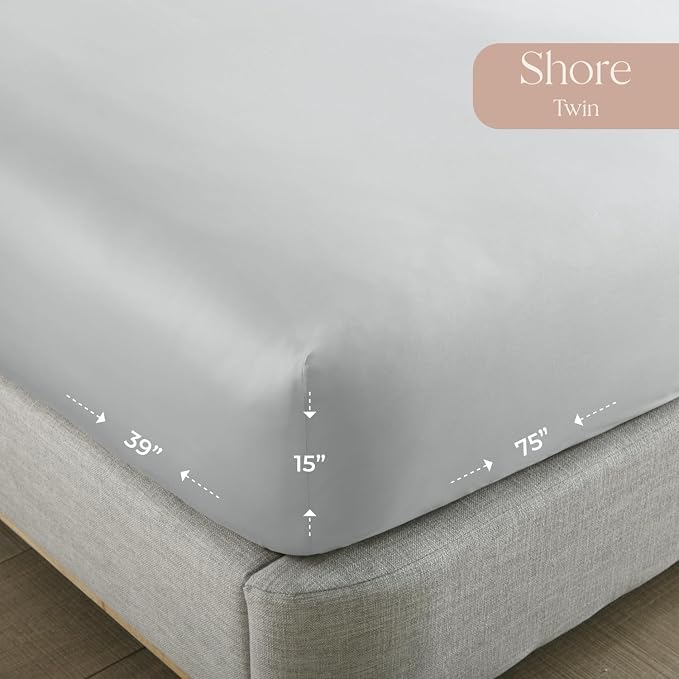 Organic Twin Fitted Sheet Only Deep Pocket - 100% Organic Cotton Sheets with Breathable 300 Thread Count Sateen Weave GOTS & Fairtrade Certified - Soft Fitted Bed Sheets Only (Shore, Twin)