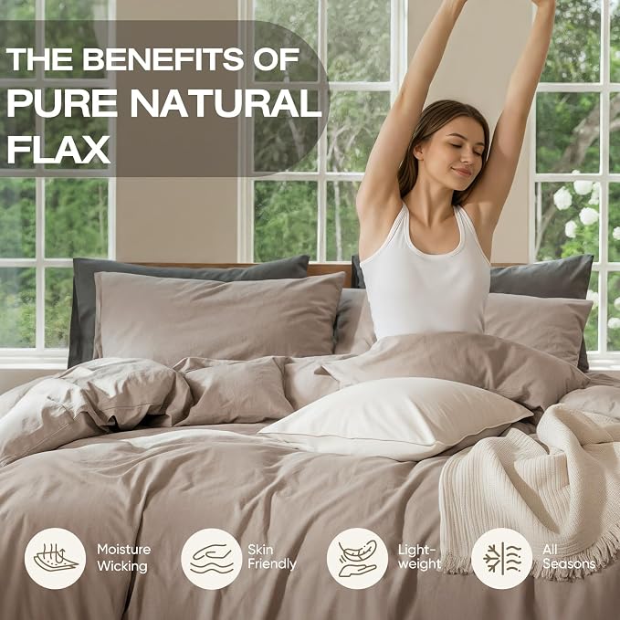 100% Pure French Flax Linen Blend Duvet Cover Set Queen Size, 3-Piece Breathable Bedding Set with Long Zipper Closure & Corner Ties, Soft, Lightweight & Durable Bedding Ideal for Hot Sleepers