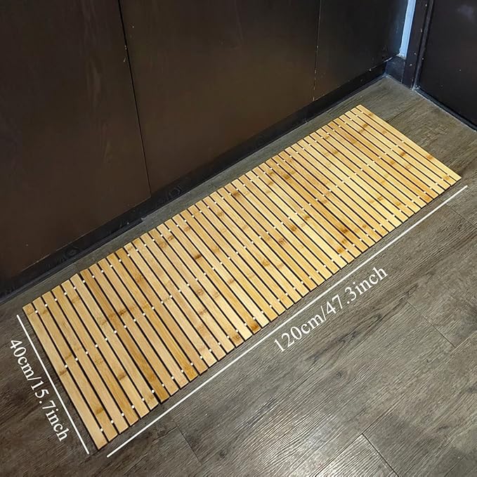 HJJKKH Bath Mat, Wooden Bathroom Mat Rayon Made from Bamboo 47.3"x15.7", Rollable Non-Slip Floor Mat, Wooden Shower Mat for Bathroom, Bathtub, Spa, Sauna, Hot Tub & Outdoor Use