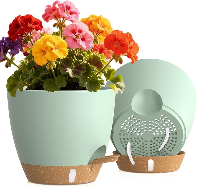 Self Watering Pots with Drainage Holes, 2 Pack 8 Inch Plant Pots with Water Level Indicator Deep Reservoir, Large Plastic Planter for Indoor Outdoor Plants - Green Brown