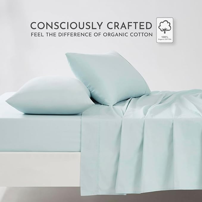 Linen Closet 100% Organic Cotton Queen Sheets Set - 4 Pieces Percale Weave Cooling Bed Sheets for Hot Sleepers - 16" Deep Pocket Fitted Sheet - Crisp, Breathable & Brushed for Softness - Aqua