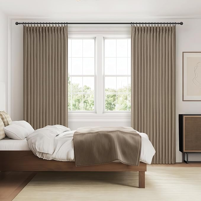 Pinch Pleated Double Layer Linen Blackout Dining Room Curtains 78 Inches Long, Memory Trained Dark Flax Noise Cancelling Insulated Rustic Cottagecore Windows Drapes 2 Panels Set 6-1/2 FT Length