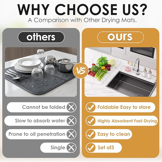 3 PCS Large Stone Dish Drying Mat for Kitchen Counter -24"x16" Absorbent Diatomaceous Earth Mat with Stone Faucet Mat & Soap Tray - Quick Dry, Collapsible, Non-Slip Countertop Organizer