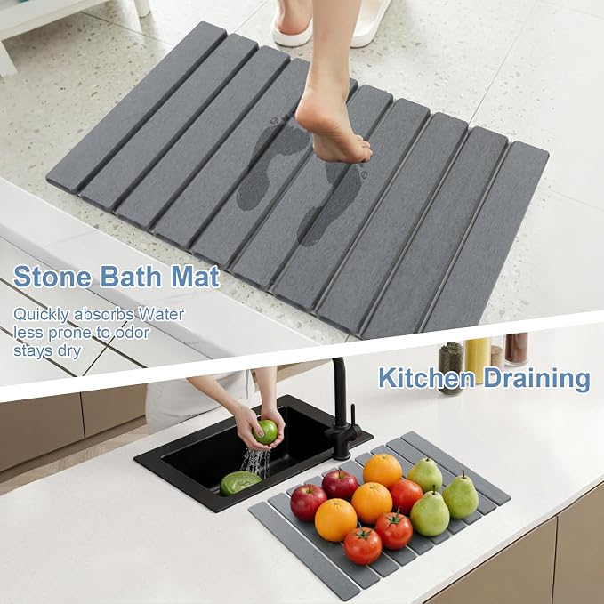 Large Stone Drying Mat for Kitchen Counter, Multifunction Stone Bath Mats for Bathroom, Collapsible Stone Dish Drying Mats, Quick Dry Diatomaceous Earth Drying Stone for Kitchen Counter, 24×16''-White