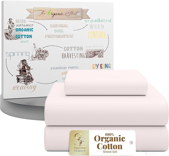 SUPREME ELEGANCE 3Pc 100% Organic Cotton Twin XL Sheets Set, Blush, Cooling Percale, Deep Pocket Fitted Sheet, Fits 14" Mattresses, Breathable Bed Sheets & Pillowcases Set, Crisp Bedding