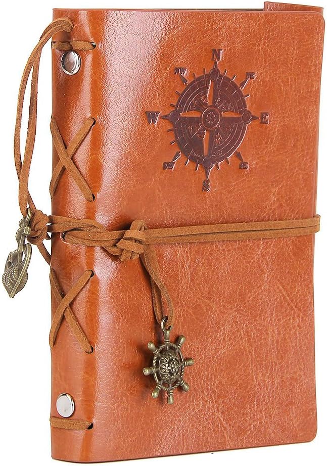 EvZ Vintage Leather Journal - 5" Refillable Coffee Brown Writing Notebook with Nautical Anchor & Rudder Pendants - Small Spiral Blank Sketchbook for Travel, Poetry & Diary - Classic Embossed Art Journal