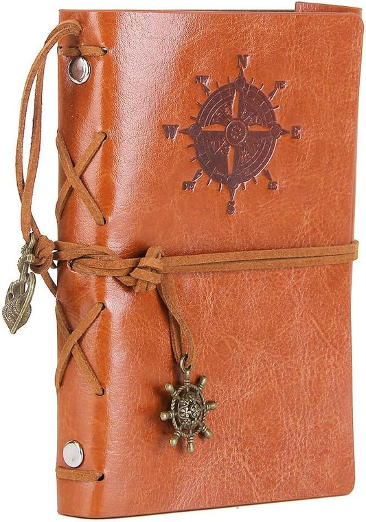 EvZ Vintage Leather Journal - 5" Refillable Coffee Brown Writing Notebook with Nautical Anchor & Rudder Pendants - Small Spiral Blank Sketchbook for Travel, Poetry & Diary - Classic Embossed Art Journal