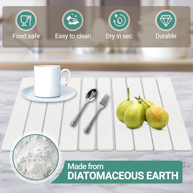 Large Stone Dish Drying Mats for Kitchen Counter, 23"L×15"W, Super Absorbent Fast Drying, Collapsible Diatomaceous Earth Dish Drying Mat - Rectangular, White